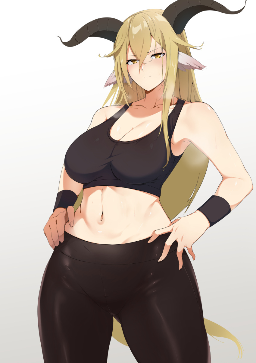 1girls 2021 alternate_costume animal_ears arknights armpits belly black_pants blonde_hair blush breasts cleavage clothed clothed_female cowboy_shot degenbrecher_(arknights) embarrassed eyebrows_visible_through_hair female female_only frown gluteal_fold goat_ears goat_horns gradient gradient_background grey_background hair_between_eyes hands_on_hips high_resolution highres horns large_breasts light-skinned_female light_skin long_hair looking_at_viewer navel pants simple_background solo solo_female sports_bra standing steaming_body stomach sweat sweatband thick_thighs thighs tight tight_pants white_background wristband xperiajoker yellow_eyes