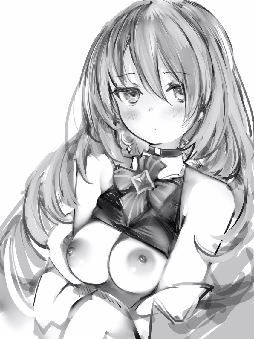 bare_shoulders big_hair blush breasts breasts_out choker closed_mouth dot_mouth female greyscale highres hololive hololive_indonesia hololive_indonesia_area_15 long_hair looking_at_viewer medium_breasts monochrome moona_hoshinova nanashi_(nlo) nipples simple_background solo upper_body virtual_youtuber white_background