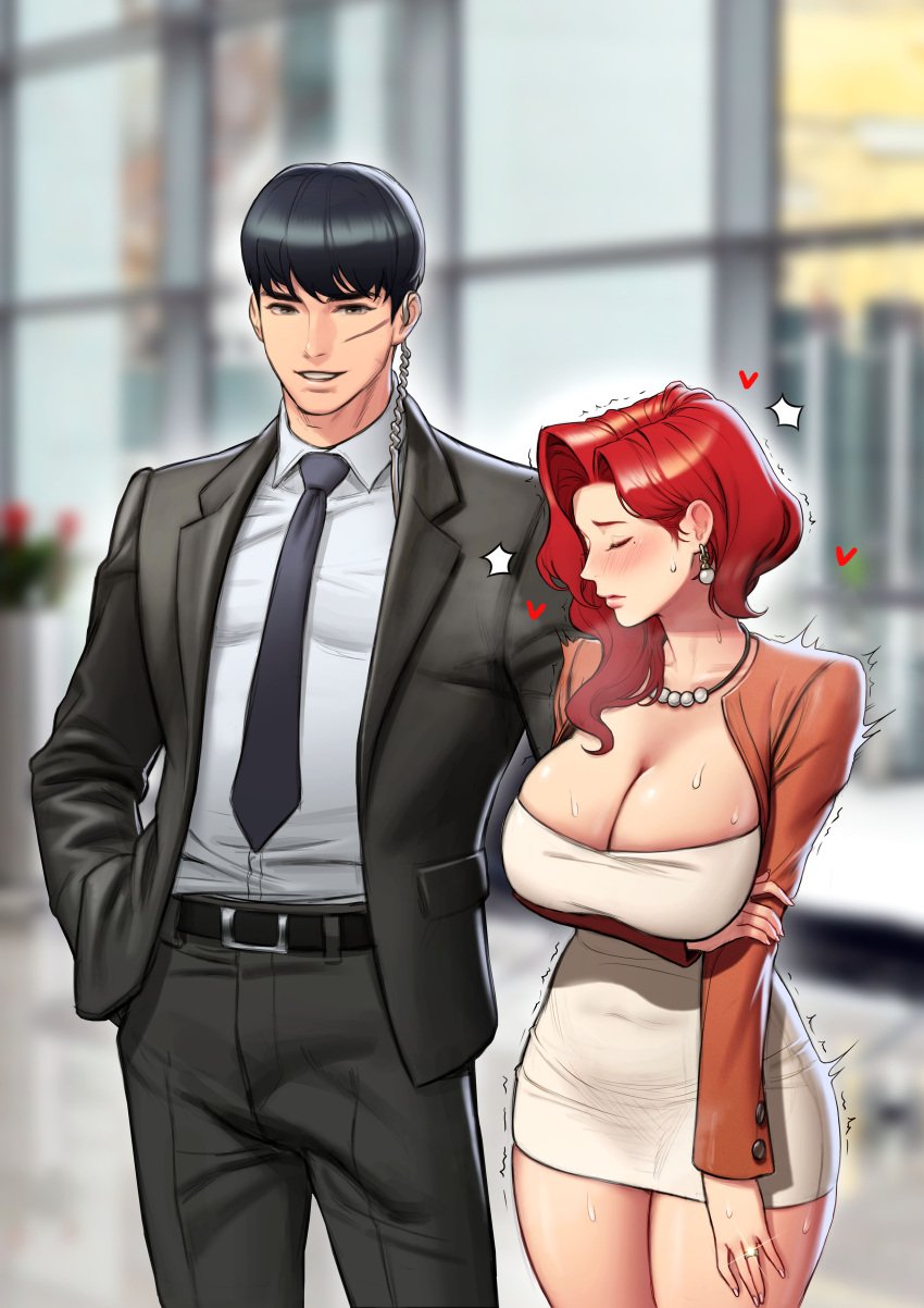 1boy 1girls 1male arm_under_breasts asian asian_male belt black_belt black_eyes black_hair black_jacket black_necktie black_pants black_suit black_tie black_tie_(suit) blurry blurry_background bodyguard_(roborobocop) bodyguard_position breasts bulge bursting_breasts business_attire business_suit business_woman busty ceo_(roborobocop) cleavage closed_eyes collared_shirt curvaceous curvy dress dress_shirt earpiece earrings enormous_breasts erection erection_under_clothes facial_scar female grey_shirt hair_behind_ear hair_over_shoulder hand_in_pocket heart hi_res high_resolution highres hourglass_figure huge_breasts huge_cock jacket jewelry looking_at_viewer massive_breasts mature_female microdress minidress motion_lines muscular muscular_male necklace necktie nervous nervous_sweat original original_characters pants penis penis_bulge red_hair robocap roborobocop scar scar_on_face shirt short_dress smile smiling_at_viewer standing sweat thighs tight_clothing tight_microdress tight_minidress tremble_lines trembling voluptuous