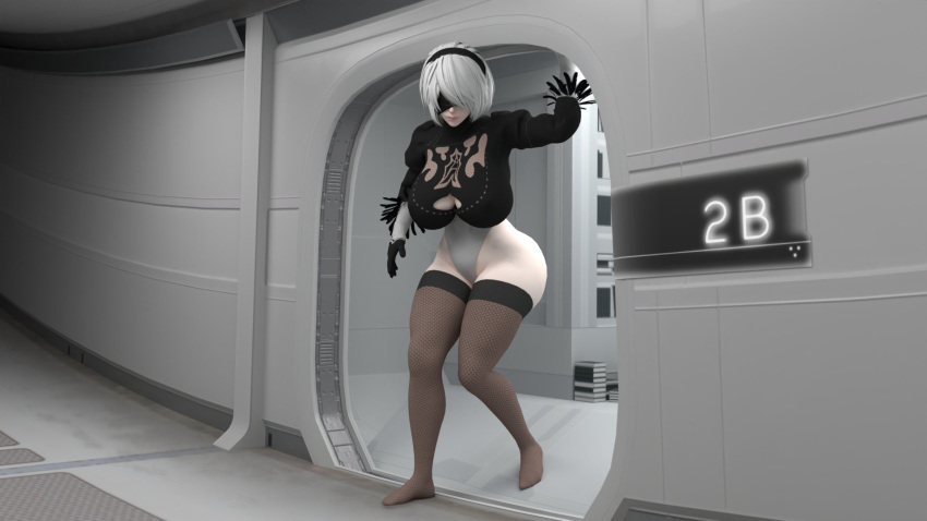 1girls 3d ass big_ass big_breasts blindfold breasts clothing female female_only giantess hairband huge_ass huge_breasts ilikebigmikus light-skinned_female light_skin macro mini_giantess nier nier:_automata solo solo_female thick_thighs thighhighs white_hair yorha_2b