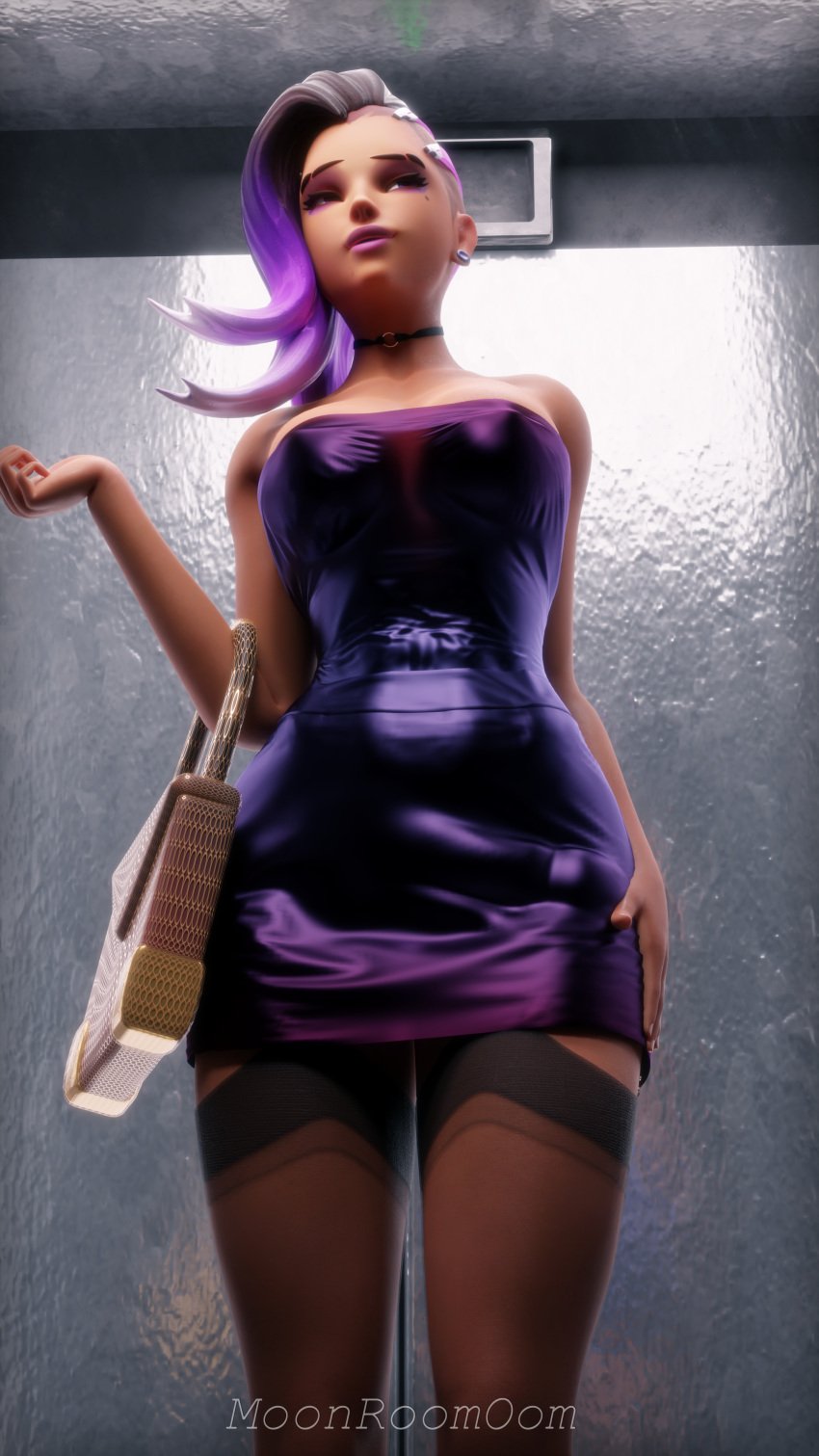 1futa 3d bag big_breasts bulge cleavage clothed clothing dress earrings elevator fully_clothed futa_only futanari human moonroomoom overwatch penis_bulge purple self_upload solo sombra squish standing stockings tight_clothes tight_clothing tight_dress