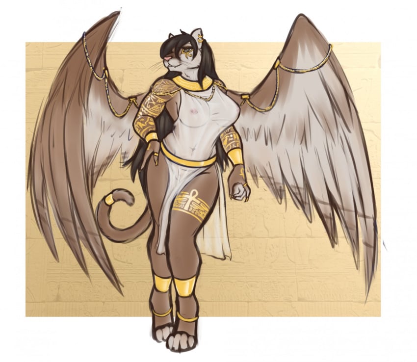 anthro big_breasts breasts clothing daf egyptian_clothing felid female genitals gold_(metal) gold_jewelry hand_on_hip jewelry looking_at_viewer mammal mythological_sphinx mythology pussy simple_background solo translucent translucent_clothing wings