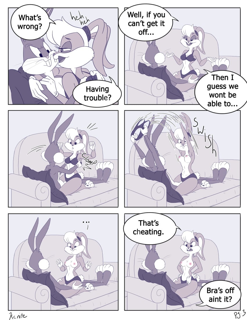 absurd_res annoyed armpit armpits breasts bugs_bunny clothed clothing comic dialogue female furniture hi_res humor kcnite lagomorph leporid lola_bunny looney_tunes male mammal monochrome page_3 rabbit sofa the_looney_tunes_show topless undressing warner_brothers