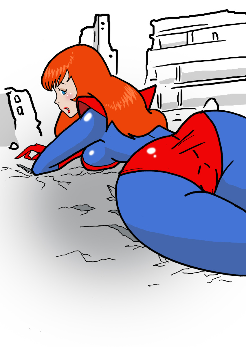 1girls big_breasts big_butt cameltoe dat_ass destroyed_city destruction female female_only giant-girl giantess inflated_ass inflation inspector97 latex_bodysuit light-skinned_female light_skin marvel mary_jane_watson red_panties rubber_suit solo solo_female spider-man_(series)