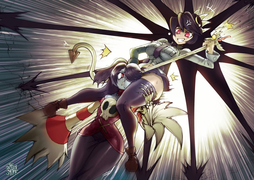 2girls anger_vein black_hair cheek_press female female_only filia_(skullgirls) hi_res leviathan_(skullgirls) on_shoulders purple_hair red_eyes samson_(skullgirls) skullgirls smug squigly thegoldensmurf thick_thighs thighhighs