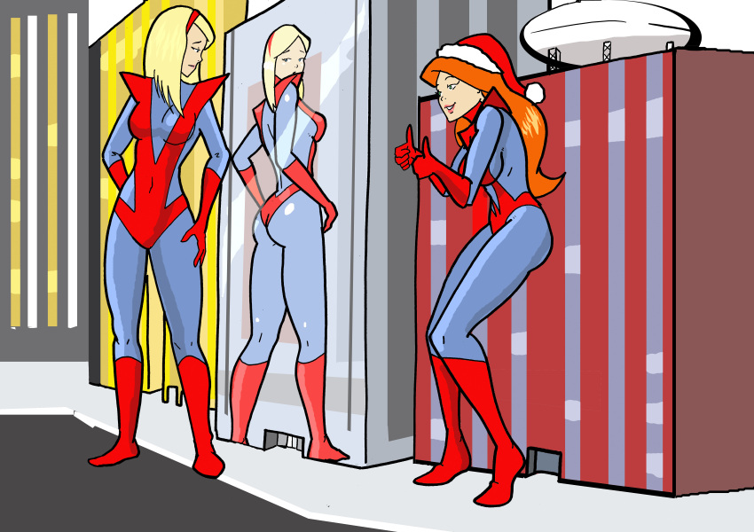 2girls costume dat_ass female female_only giant-girl giantess human inspector97 light-skinned_female light_skin marvel marvel_comics mary_jane_watson multiple_girls pose red_boots red_gloves red_panties reflection santa_hat spider-man_(series) thumbs_up