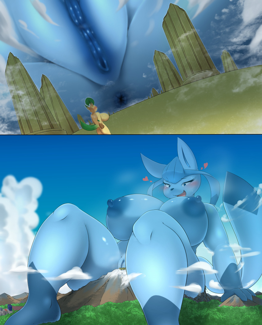 absurd_res anthro anus areola big_breasts blush breasts cloud digital_media_(artwork) duo eeveelution eyelashes female genitals glaceon hi_res huge_breasts kify leafeon macro mountain nintendo nipples open_mouth outside pokemon pokemon_(species) pussy video_games