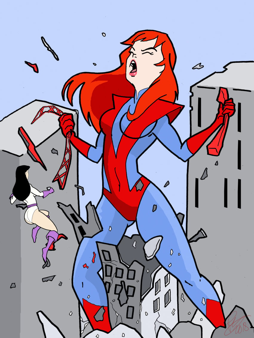 2girls building_destruction dc destruction female female_only giant-girl giantess growth human human_only inspector97 light-skinned_female light_skin lois_lane marvel marvel_comics mary_jane_watson power_girl_(cosplay) screaming spider-man_(series)