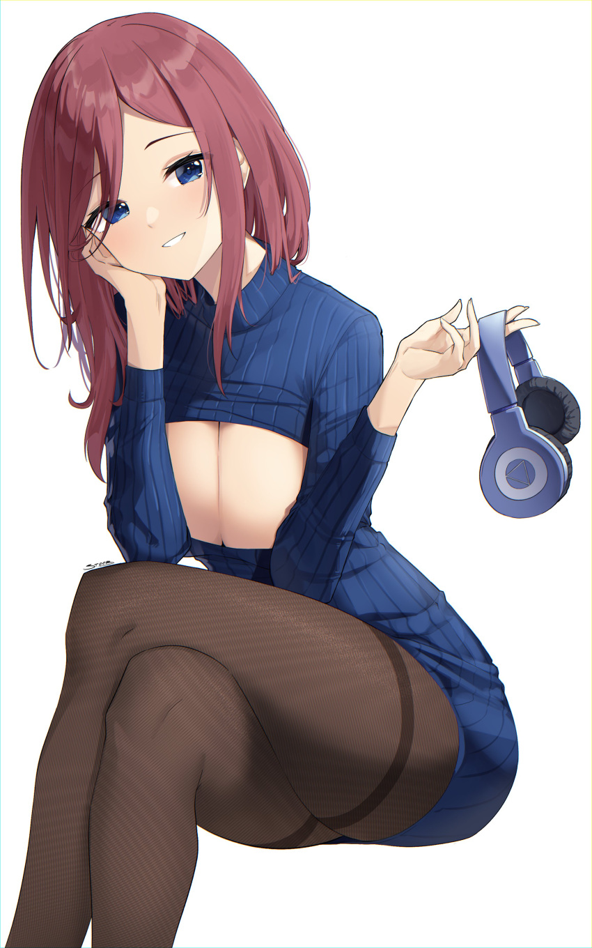 absurdres black_legwear blue_eyes blue_sweater breasts center_opening cleavage cleavage_cutout clothing_cutout elbow_rest female female_only go-toubun_no_hanayome head_rest headphones highres holding holding_headphones keyhole_turtleneck large_breasts legs_crossed long_hair long_sleeves looking_at_viewer nakano_miku no_bra pantyhose parted_lips red_hair simple_background sitting smile solo solo_focus steeb straight_hair sweater teeth white_background