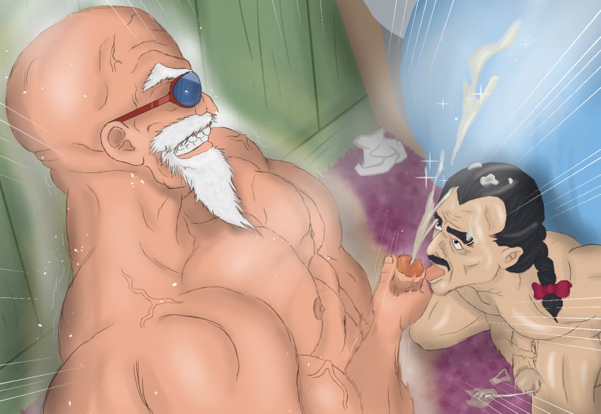 bald_man beard big_penis cum cum_in_mouth cum_on_face daddy dragon_ball fapping gay kame_sennin male_focus male_on_male male_only master_roshi mature_male muscle_growth muscles old_man sunglasses tao_pai_pai yaoi