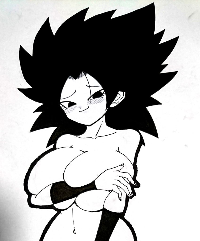 1girls alien_human alien_look_like_human big_breasts black_and_white black_eyes black_hair blush breasts caulifla covered_nipples cute dragon_ball dragon_ball_super extraterrestrial extraterrestrial_human female female_focus female_only hand_on_breast hourglass_figure huge_breasts kuuga_318 large_breasts long_hair saiyan sketch smile solo solo_female solo_focus thick voluptuous wristband young young_woman younger_female