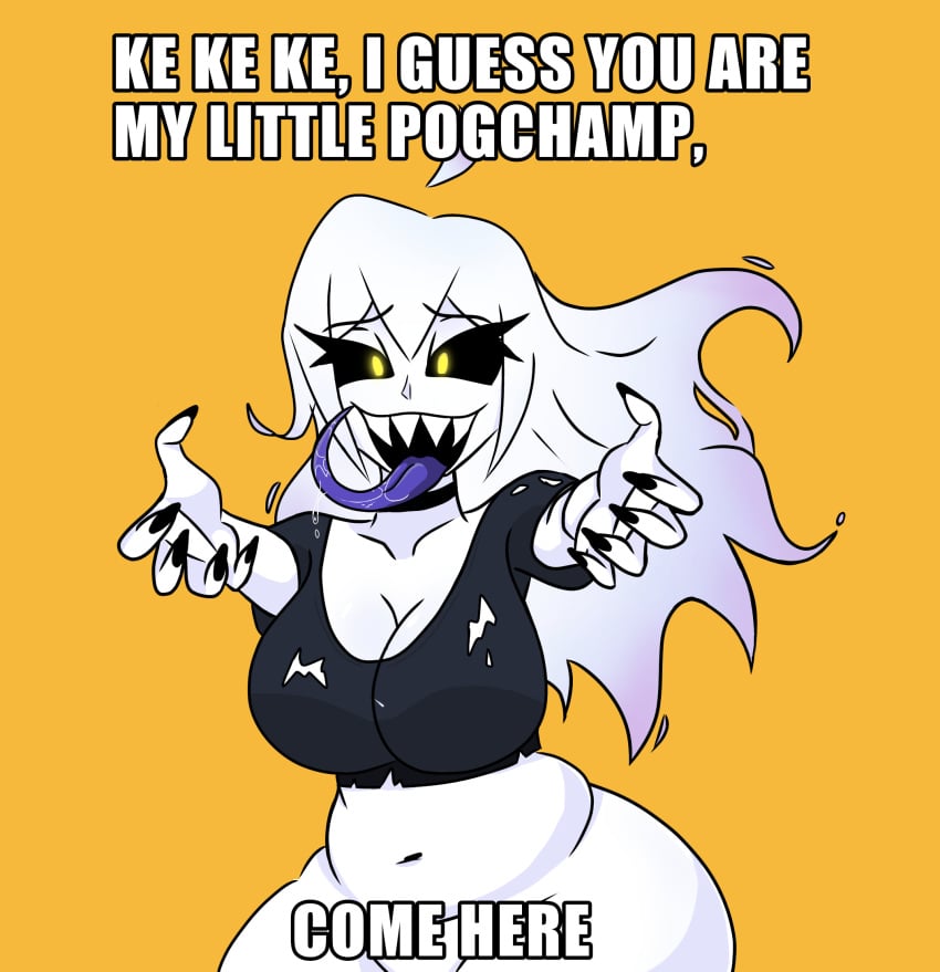 black_eyes cubby curvy fat ghost ghost_girl pog pogchamp ripped_clothing smile thick thick_ass thick_thighs thighs white_body white_hair white_skin yellow_eyes