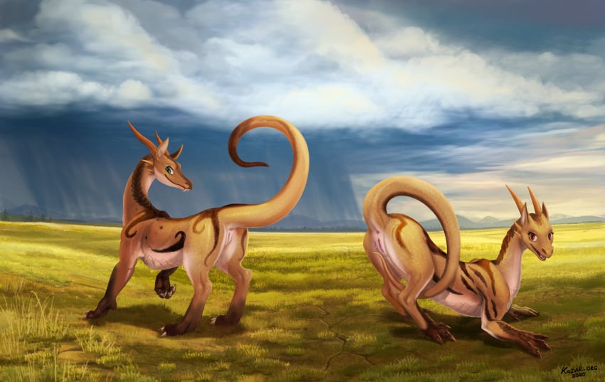 2022 absurd_res anus brown_eyes claws conditional_dnp day detailed_background dragon duo feral genitals grass green_eyes hi_res horn kodardragon outside plant pussy sky smile standing wingless_dragon