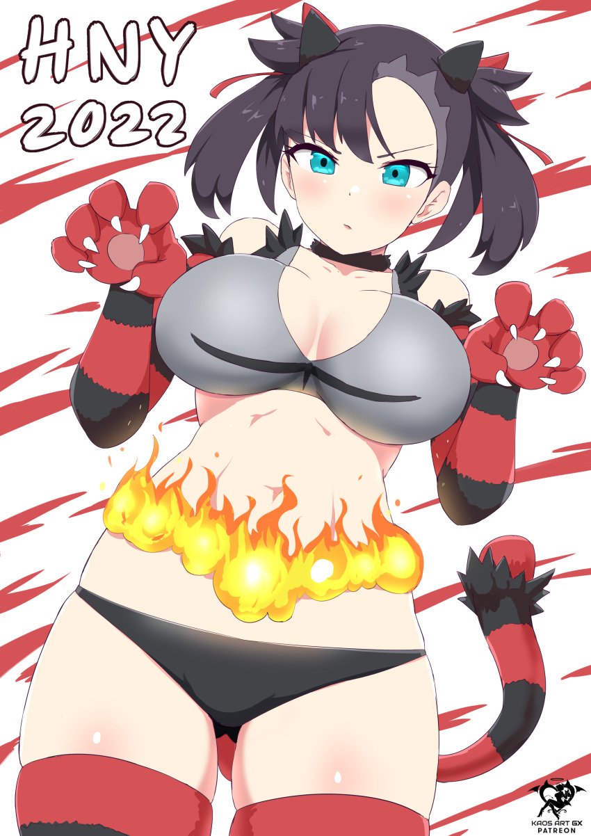 1girls 2022 alternate_breast_size artist_logo artist_signature belt black_hair black_panties breasts cosplay female female_only green_eyes hips incineroar_(cosplay) kaos_art large_breasts marnie_(pokemon) new_year nintendo panties paw_gloves paws png pokemon pokemon_(cosplay) pokemon_ss simple_background slim_waist solo solo_female tail_accessory thick_thighs thighs twintails wide_hips