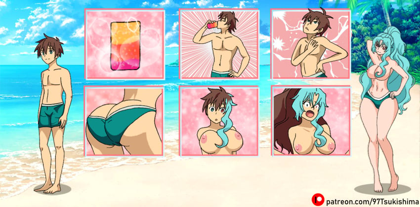 97tsukishima ass_expansion bikini breast_expansion crossover eye_color_change female gender_transformation hair_color_change hair_growth identity_death kono_subarashii_sekai_ni_shukufuku_wo! large_ass large_breasts male mtf_transformation navel satou_kazuma thick_thighs tomoe_(tsuki_ga_michibiku_isekai_douchuu) transformation transformation_sequence tsuki_ga_michibiku_isekai_douchuu wide_hips