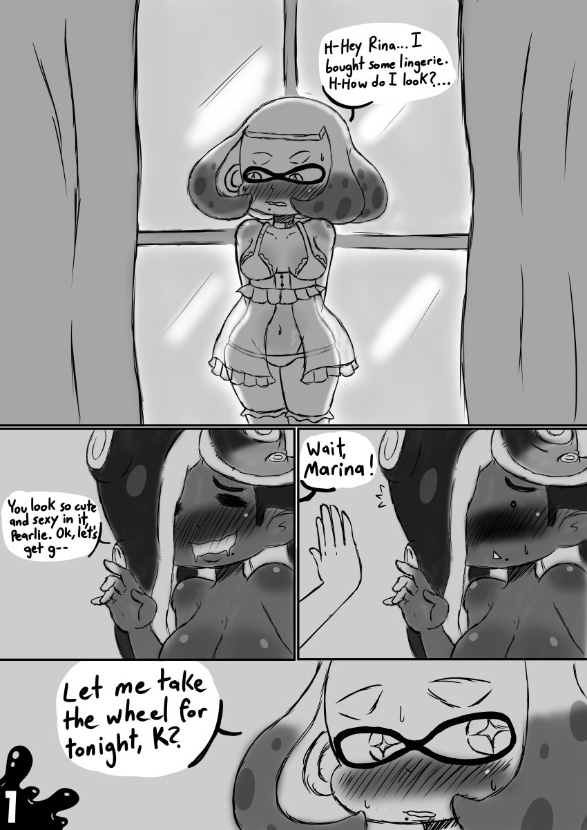 1futa 2girls black_and_white blush clothed clothing comic dark-skinned_futanari dark_skin dialogue female female_focus futa_on_female futanari humanoid inkling interracial lewdtoonyguy light-skinned_female lingerie marina_(splatoon) monochrome mostly_nude new_year new_year_2022 octoling pale-skinned_female pale_skin pearl_(splatoon) self_upload size_difference splatoon splatoon_2 standing text yuri