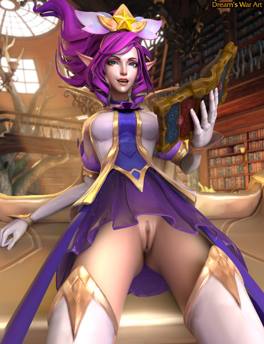 blue_eyes book bookshelf choker clothed clothed_female distracted dreamswarart female female_only flashing flashing_pussy janna_windforce league_of_legends league_of_legends:_wild_rift pink_hair pov pov_eye_contact solo solo_female star_guardian_janna star_guardian_series wild_rift