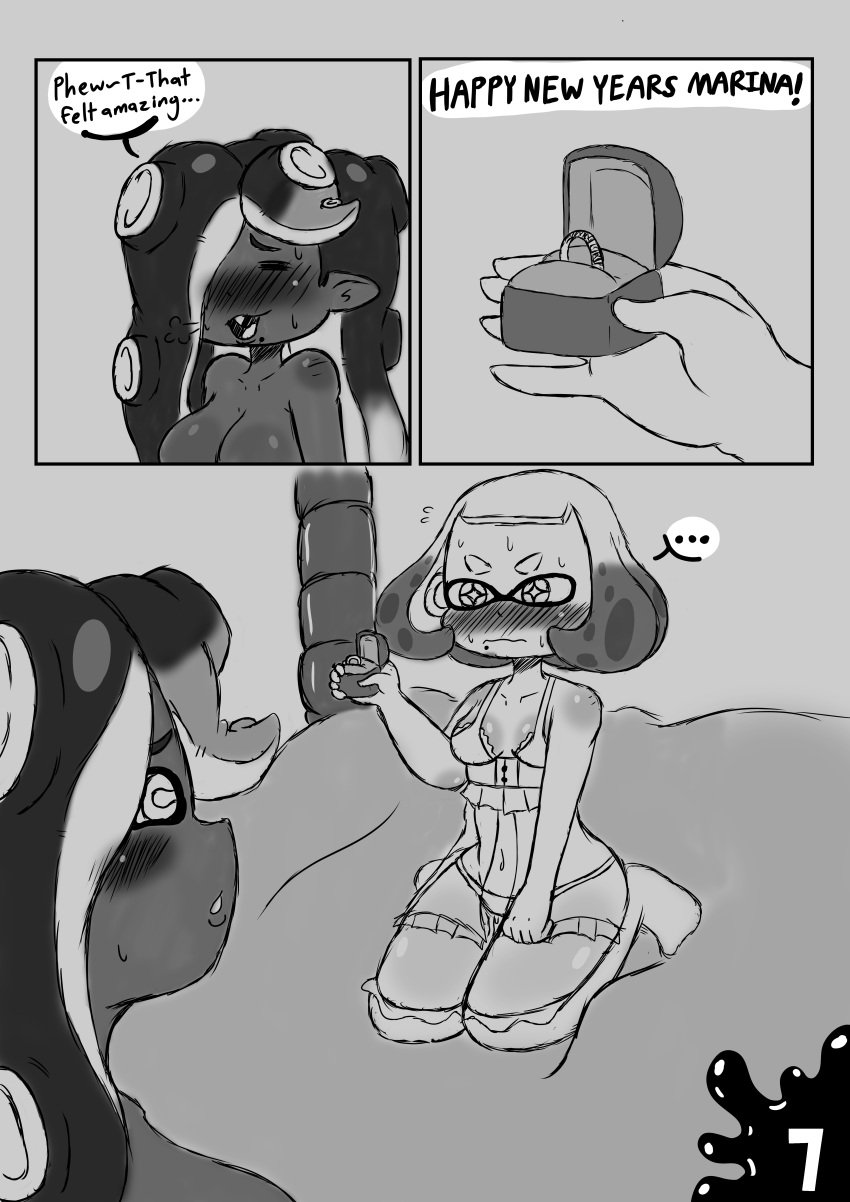 1futa 2girls black_and_white blush clothed clothing comic dark-skinned_futanari dark_skin female futanari humanoid inkling lewdtoonyguy light-skinned_female light_skin lingerie marina_(splatoon) monochrome mostly_nude new_year new_year_2022 octoling pale-skinned_female pale_skin pearl_(splatoon) proposal ring self_upload splatoon splatoon_2 wedding_ring