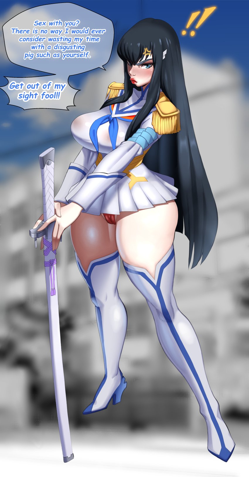 1girls absurd_res angry big_breasts black_hair blue_eyes blush breasts cameltoe female high_heel_boots high_resolution kill_la_kill kiryuuin_satsuki lipstick long_hair moshimashi panties red_lipstick solo speech_bubble standing sword text thick_thighs wet_clothes