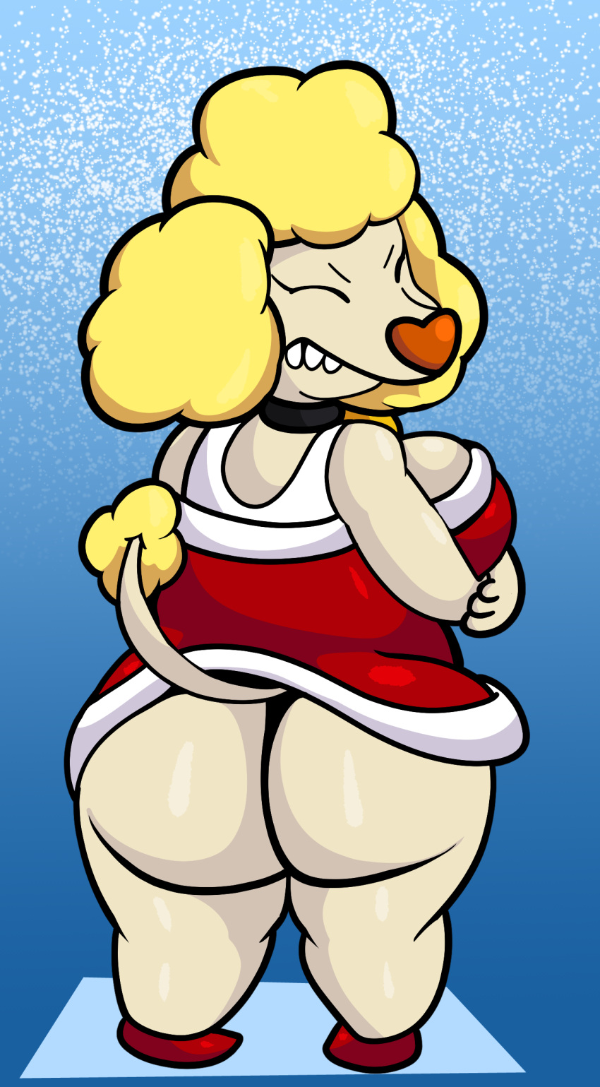 2021 absurd_res anthro arms_under_breasts ass big_breasts big_butt blonde_hair blue_background breasts canid canine canis catdog_(series) christmas christmas_clothing cleavage clothed clothing collar curvy_figure digital_media_(artwork) domestic_dog dress female fur hair hi_res holidays horizontal_pupils huge_butt looking_at_viewer looking_back mammal nickelodeon poodle pupils short_hair shriek_dubois simple_background snow snowing solo someth1ngoranother standing tan_body tan_fur teeth thick_thighs voluptuous wide_hips