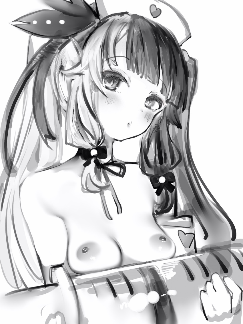 bare_shoulders blush bow breasts female female greyscale hairbow hat head_tilt highres holding holding_syringe large_syringe long_hair looking_at_viewer medium_breasts monochrome multicolored_hair nanashi_(nlo) neck_ribbon nijisanji nipples nude open_mouth oversized_object parted_lips ribbon simple_background solo split-color_hair syringe twintails two-tone_hair virtual_youtuber white_background yorumi_rena