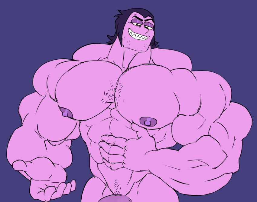 1boy bara big_arms half-closed_eyes hyper hyper_muscles hyper_pecs looking_at_viewer male male_only muscular naughty_face nude ok_k.o.!_let's_be_heroes pecs professor_venomous purple_skin remert sharp_teeth smile solo stubble