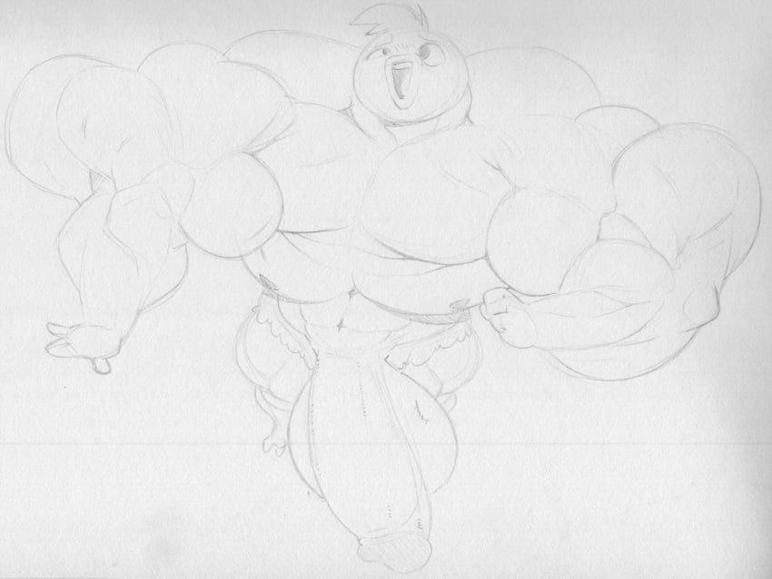 2_toes 4_fingers abs anthro avian balls big_muscles bird blush feet fingers genitals harvey_beaks harvey_beaks_(character) harvey_beaks_(series) huge_muscles hyper hyper_muscles male monochrome muscular muscular_male nipples non-mammal_balls open_mouth penis sbshouseofpancakes toes traditional_media_(artwork)