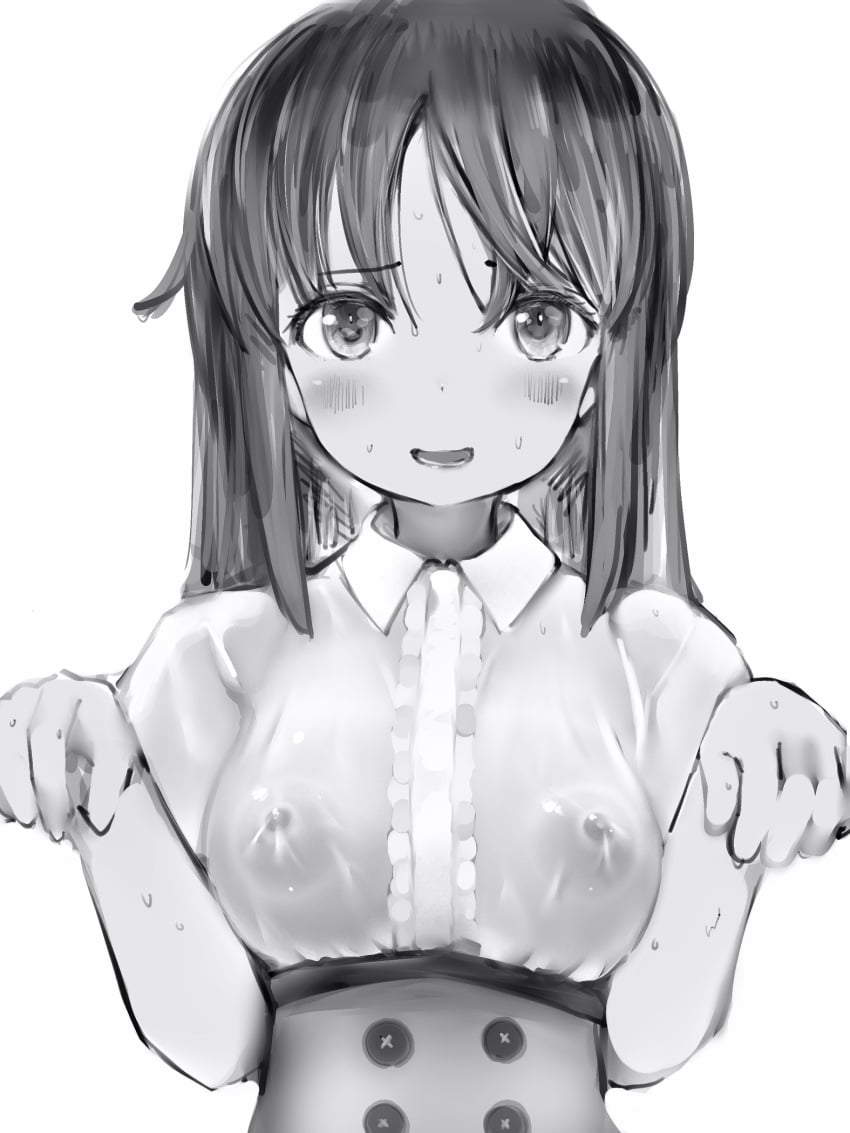 :d alice_gear_aegis blush breasts buttons double-breasted female greyscale hands_up highres kaneshiya_sitara long_hair looking_at_viewer medium_breasts monochrome nanashi_(nlo) nipples open_mouth see-through_shirt shirt simple_background smile solo wet wet_clothes wet_shirt white_background