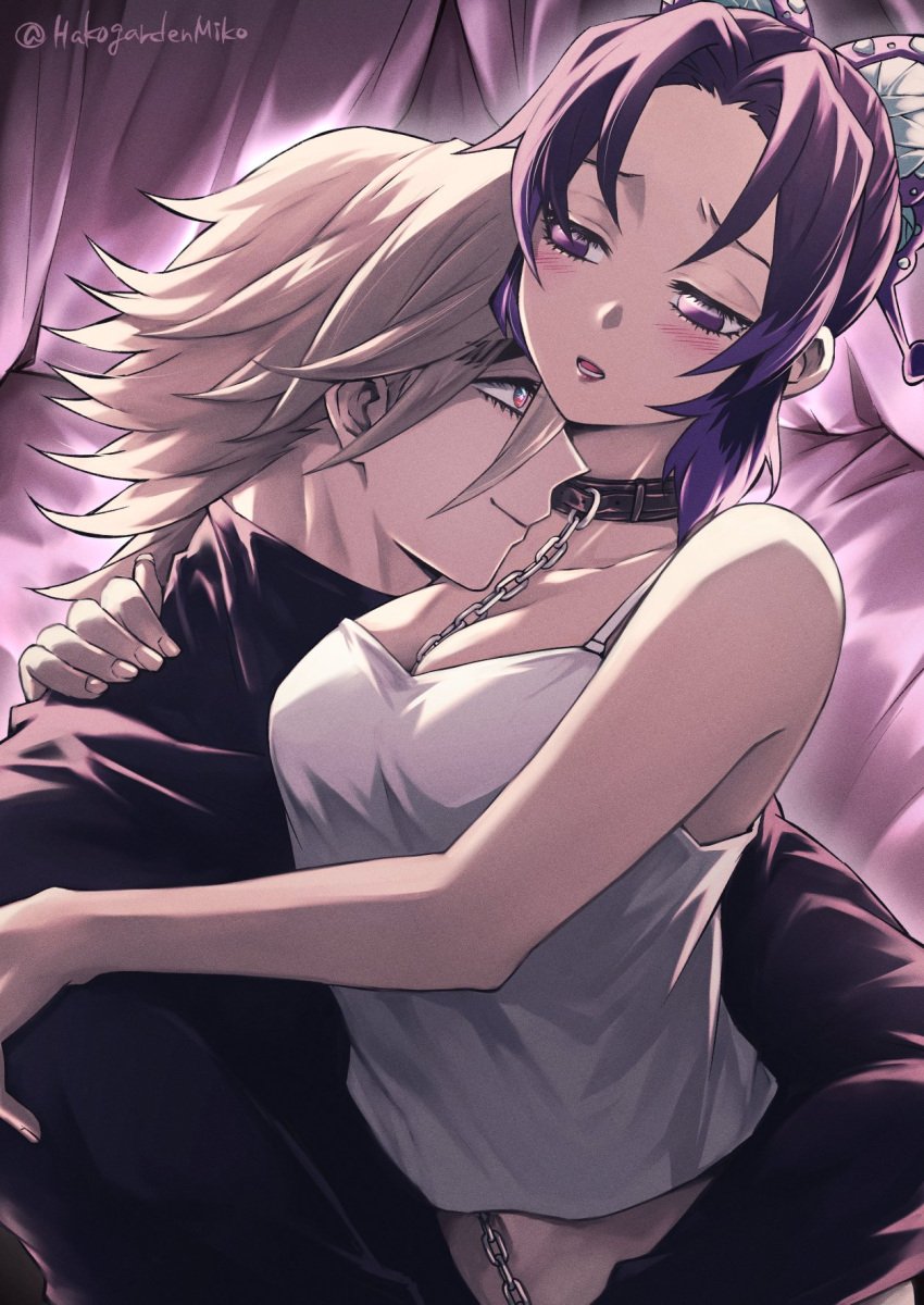 1boy 1girls alternate_costume between_breasts blonde_hair blush butterfly_hair_ornament chain_leash chains cleavage collar demon_slayer douma embrace female fully_clothed hakogardenmiko half-closed_eyes kimetsu_no_yaiba kochou_shinobu leash male purple_eyes purple_hair rainbow_eyes smile spiky_hair