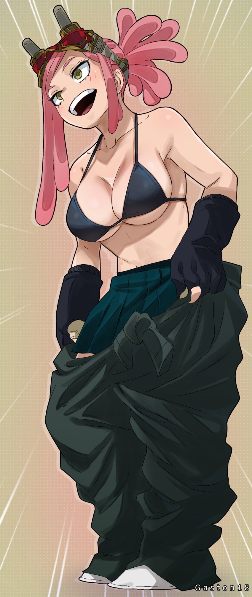 1girls bare_shoulders bikini bikini_top breasts brown_eyes cargo_pants clothing colorization eyewear_on_head female full_body gaston18 gloves goggles goggles_on_head hatsume_mei high_resolution horikoshi_kouhei large_breasts medium_hair mei_hatsume my_hero_academia open-mouth_smile open_mouth pants pink_hair pleated_skirt skirt smile swimsuit tied_hair undressing very_high_resolution