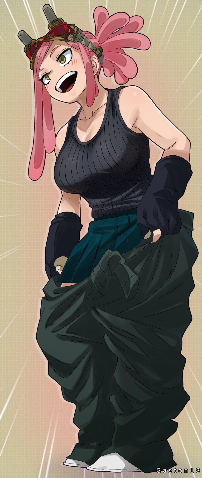 1girls bare_shoulders breasts brown_eyes cargo_pants clothing colorization eyewear_on_head female full_body gaston18 gloves goggles goggles_on_head hatsume_mei high_resolution horikoshi_kouhei large_breasts looking_away medium_hair mei_hatsume my_hero_academia open-mouth_smile open_mouth pants pink_hair pleated_skirt shirt simple_background skirt sleeveless sleeveless_shirt smile tank_top tied_hair undressing very_high_resolution