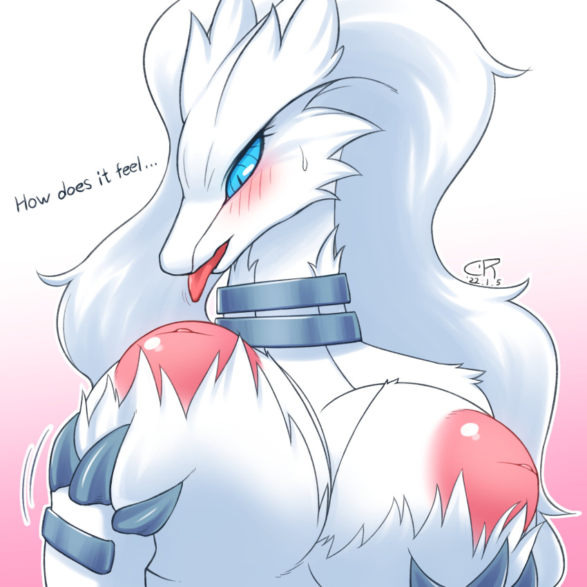 absurd_res anthro big_breasts blue_eyes blush breast_grab breasts collar coolryong dragon female fur hand_on_breast hi_res legendary_pokémon nintendo nipples nude pokémon_(species) pokemon reshiram solo video_games white_body white_fur