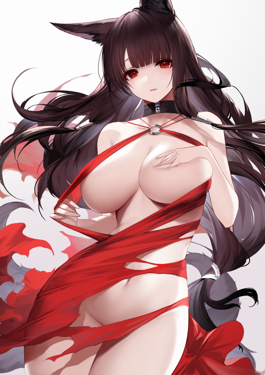 1girls 2022 akagi_(azur_lane) akagi_(ruby-laced_beauty)_(azur_lane) an_yasuri animal_ears azur_lane belly big_breasts blush breasts cleavage convenient_censoring covering_breasts covering_nipples dress female female_focus female_only light-skinned_female light_skin long_hair looking_at_viewer navel o-ring_dress red_dress red_eyes sakura_empire_(azur_lane) simple_background solo torn_clothes torn_clothing torn_dress very_long_hair white_background