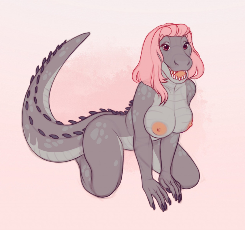 5_fingers agentmoose alligator alligatorid anthro breasts crocodilian digital_media_(artwork) eyebrows eyelashes female fingernails fingers grey_body grey_skin grey_tail hair kneeling long_hair looking_at_viewer nails nipples nude open_mouth open_smile pink_background pink_hair pink_nipples pink_tongue purple_eyes reptile scalie simple_background smile solo teeth tongue unnamed_female_alligator_(saintcadek)