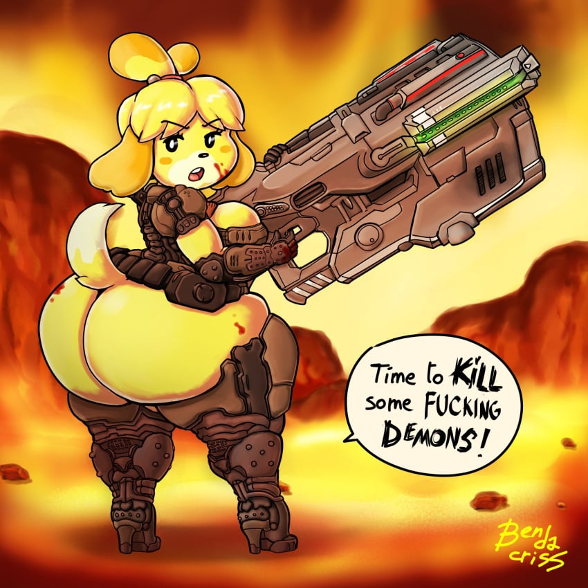 1girls accurate_art_style alternate_breast_size alternate_outfit animal_crossing anthro ass_out assless_pants background bendacriss big_ass big_breasts bottom_heavy bottomless chubby color cosplay crossover dat_ass doom doom_eternal doom_slayer_(doom) english_text eye_contact fat_ass footwear from_behind full_color gauntlets greaves gun half-closed_eyes handwear heel_boots highres huge_ass isabelle_(animal_crossing) looking_at_viewer looking_back meme nintendo power_armor solo solo_female speech_bubble text thick_thighs watermark wide_hips