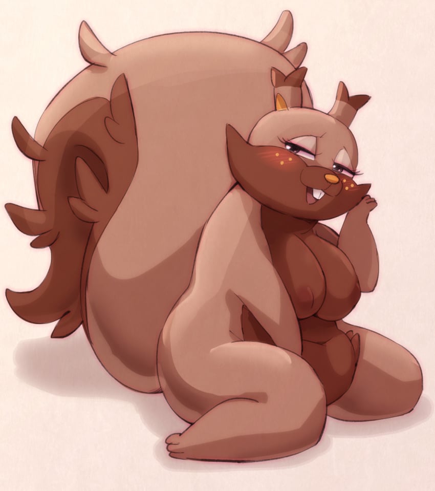 anthro big_breasts blush breasts brown_body brown_fur female fur greedent hi_res mature_female melonleaf nintendo nude pokémon_(species) pokemon solo video_games