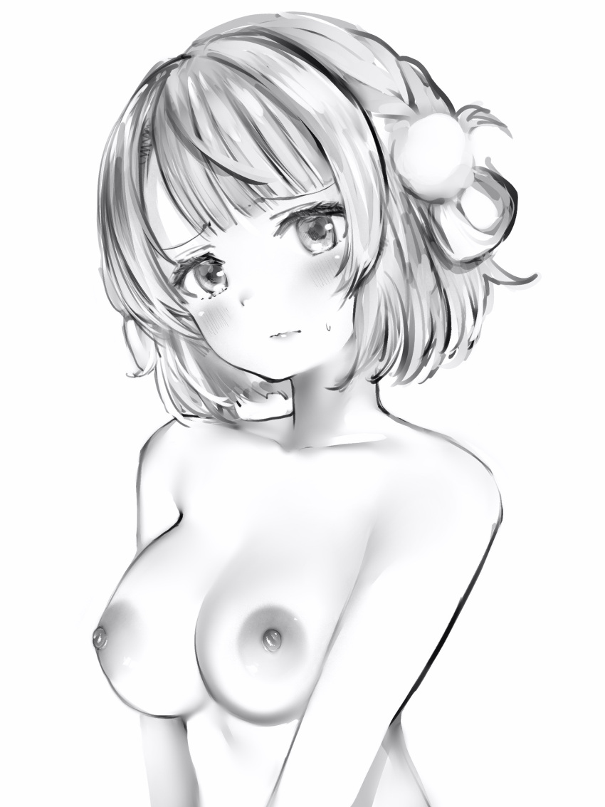 1girls areolae bangs blush bob_cut breast_squeeze breasts closed_mouth completely_nude female frown greyscale hair_ornament highres indie_virtual_youtuber large_breasts looking_at_viewer medium_breasts medium_hair monochrome nanashi_(nlo) nipples nude pom_pom_(clothes) pom_pom_hair_ornament shigure_ui_(vtuber) simple_background solo sweat virtual_youtuber white_background