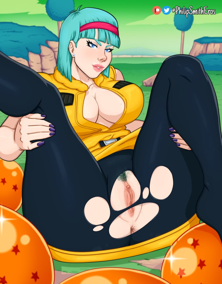 1girls anus ass big_breasts blue_eyes blue_hair bulma_briefs bulma_briefs_(frieza_saga) bush dragon_ball dragon_ball_(object) dragon_ball_z female female_focus female_only leggings looking_at_viewer namek no_panties philipsmitheros pubic_hair pussy short_hair solo spread_legs trimmed_pubic_hair