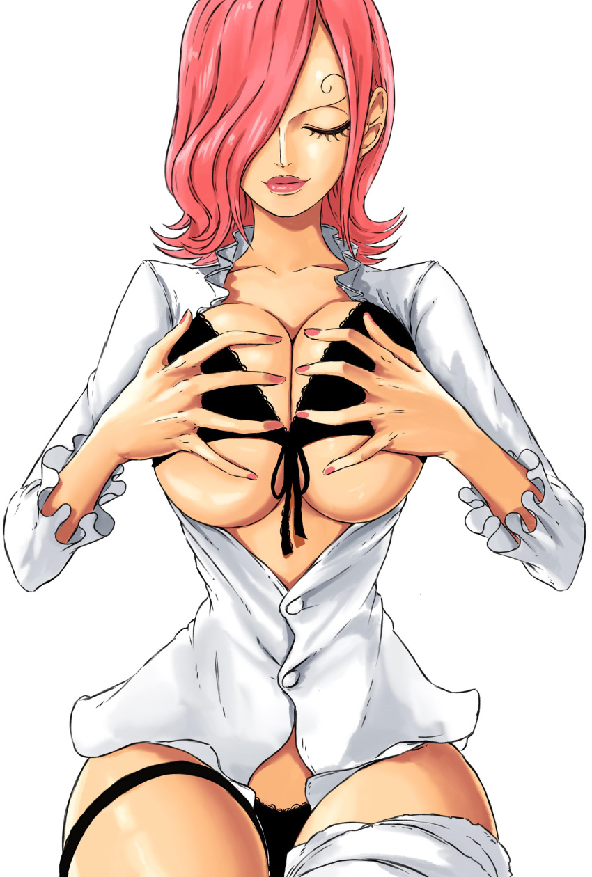 1girls bandage bandaged_thigh big_breasts black_bra black_panties bra breast_grab breasts closed_eyes clothed covered_eye female female_only garter_belt large_breasts no_pants one_piece panties pink_hair plain_background pressing_breasts_together red_lipstick self_fondle shellmaru shirt short_hair shounen_jump solo solo_female solo_focus vinsmoke_reiju white_shirt