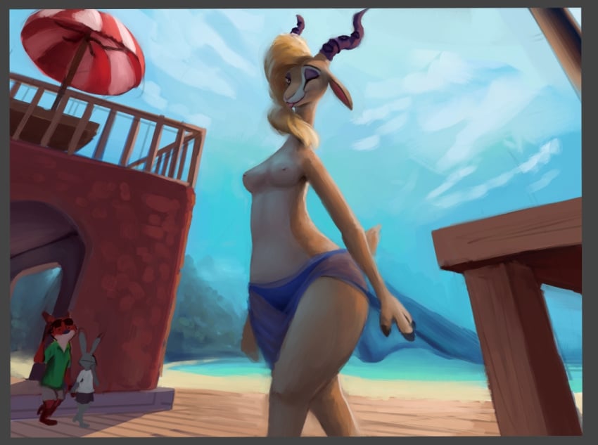 2020 antelope anthro barefoot beach blep blonde_hair border bovid breasts canid canine clothed clothing cloud detailed_background disney eyewear fox fully_clothed gazelle gazelle_(zootopia) grey_border group hair horn judy_hopps lagomorph leporid light lighting looking_at_viewer low-angle_view mammal nick_wilde nipples one_eye_closed panties rabbit red_fox s1m sand seaside sky small_breasts solo_focus sunglasses tongue tongue_out topless water wink zootopia zootropolis