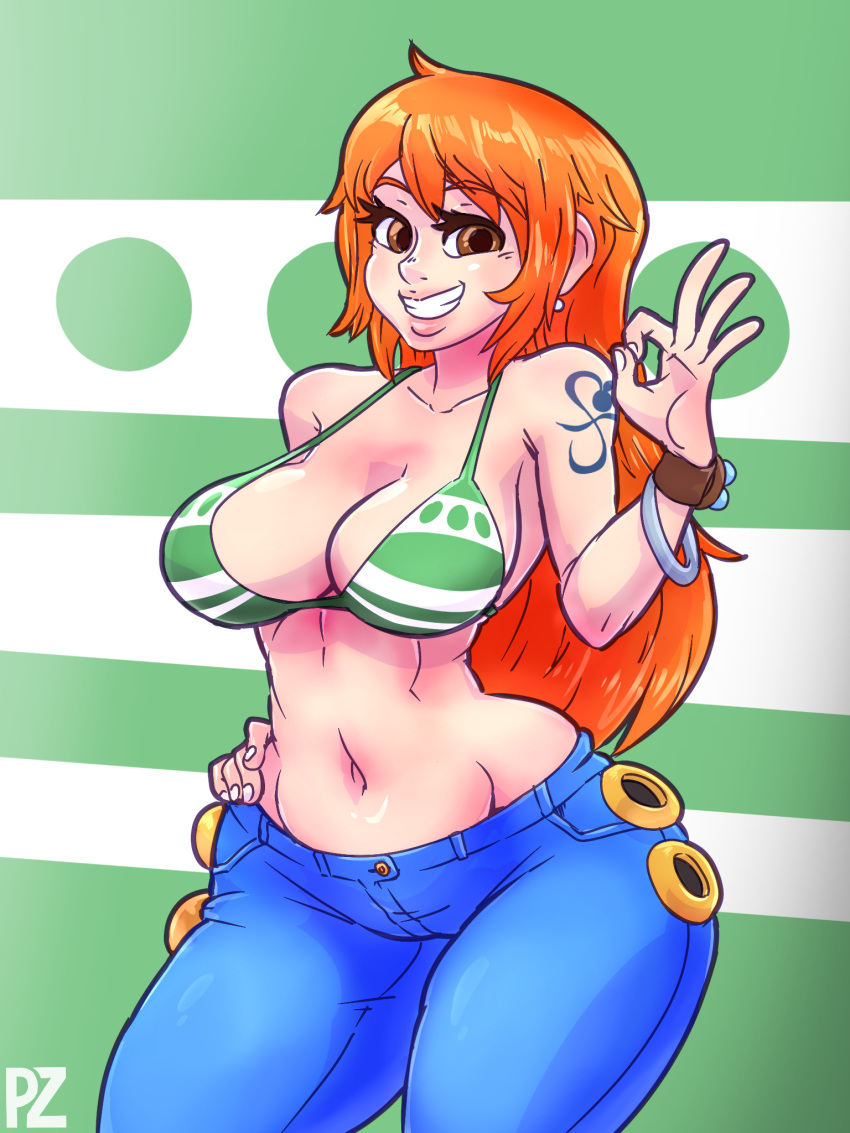 1girls belly belly_button bikini blue_jeans bra breasts female female_focus female_only green_bra jeans light-skinned_female light_skin long_hair looking_at_viewer nami ok_sign one_piece orange_hair partially_clothed professorzolo simple_background smile smiling smiling_at_viewer striped_bikini tattoo thin