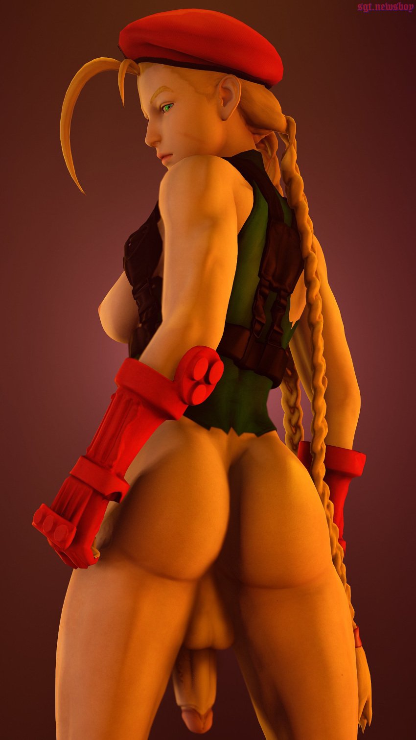 1futa 3d ass athletic_futanari balls beret blonde_hair blue_eyes braided_hair braided_twintails breasts cammy_white erection futa_only futanari light-skinned_futanari light_skin looking_back penis red_beret ripped_leotard sgtnewsboy solo solo_futa source_filmmaker street_fighter testicles