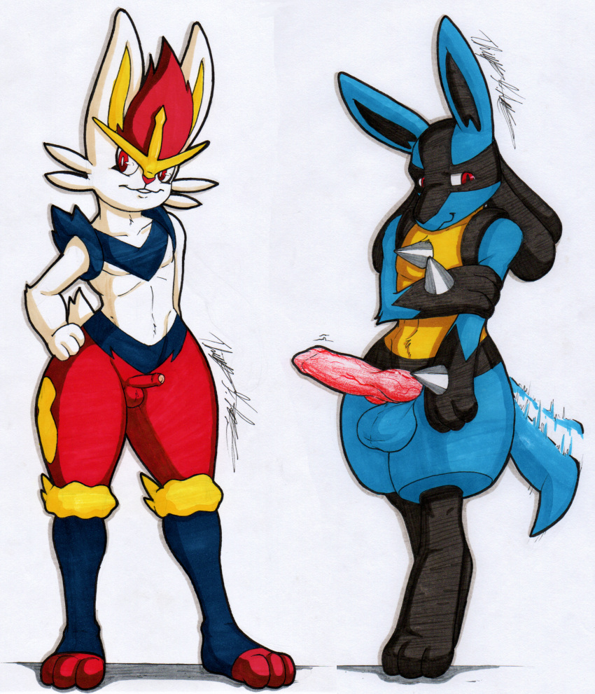 2boys absurd_res animal_genitalia animal_penis anthro big_penis canine_penis cinderace duo genitals hi_res lucario male male/male male_cinderace male_lucario nintendo penis pokemon pokemon_(species) rotten_owl shy simple_background small_penis tail_motion tailwag traditional_media_(artwork) video_games white_background