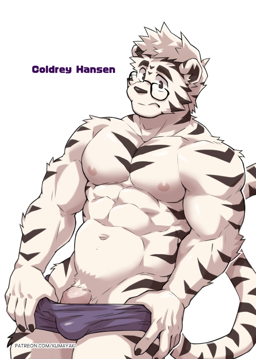 1boy 2022 5_fingers abs absurd_res anthro bara barazoku biceps black_ears black_eyebrows black_eyes black_stripes black_tail bulge character_name clothing eyebrows felid fingers fur genitals hi_res kumak71395 male male_only mammal navel pantherine pecs penis penis_base simple_background solo striped_body striped_fur stripes text tiger url vein veiny_penis white_background white_body white_ears white_fur white_tail