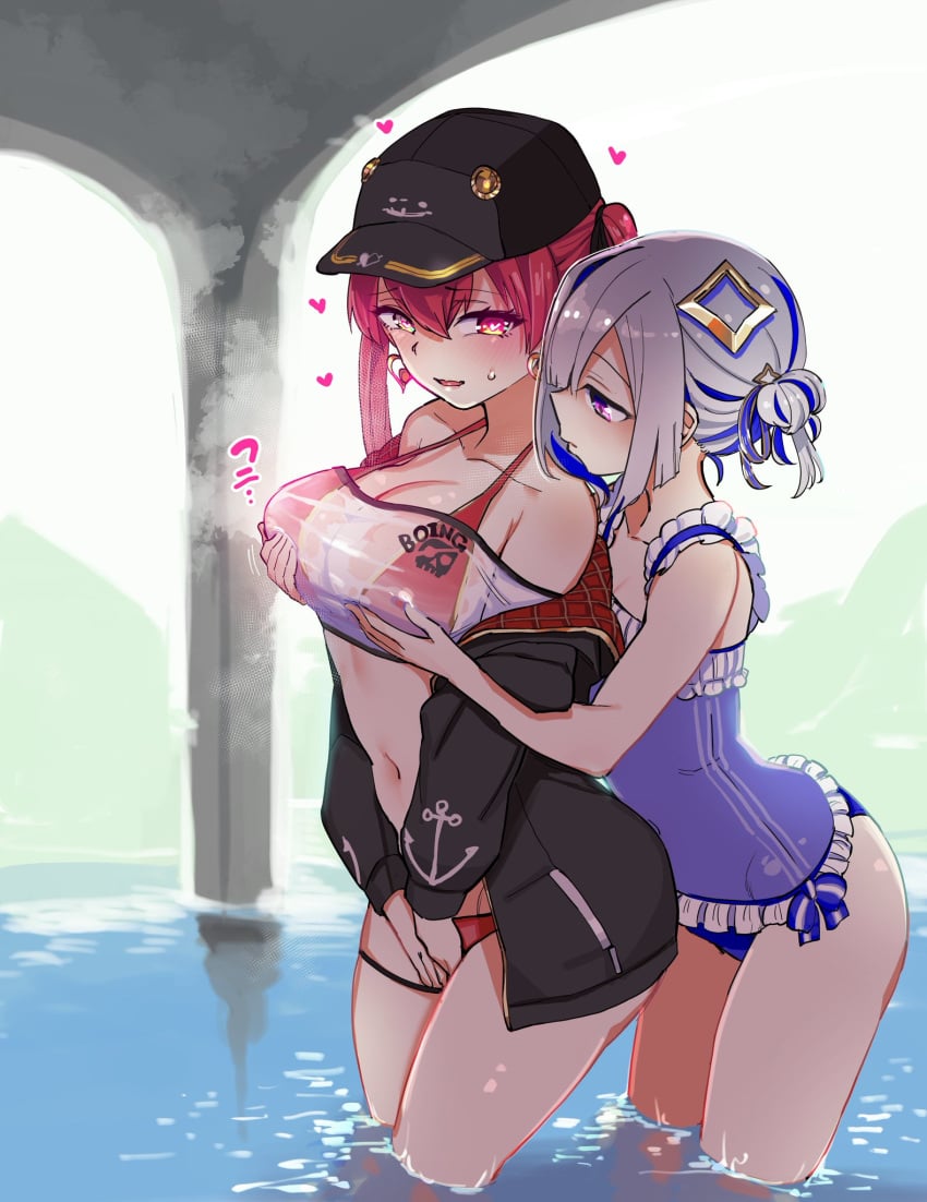 2girls amane_kanata aomushi_(mushamusha) big_breasts bikini blush busty caress caressing caressing_breasts cleavage female_only groping groping_from_behind hair_ornament hat heart-shaped_pupils holding_breast holoforce hololive hololive_fantasy hololive_japan houshou_marine long_hair looking_at_another medium_hair open_jacket pokies pool purple_eyes red_bikini red_eyes red_hair small_dom_big_sub swimsuit two_tone_hair virtual_youtuber voluptuous voluptuous_female water white_hair yuri