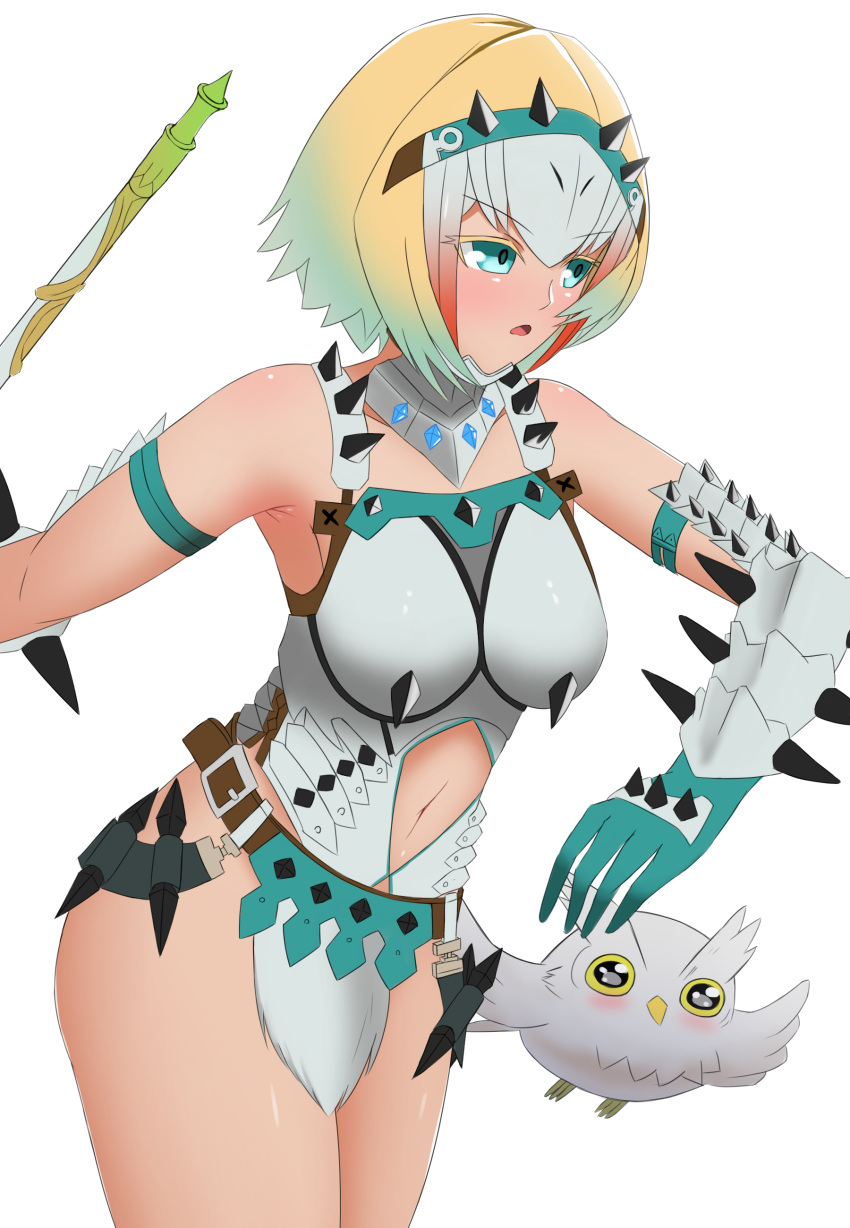 1girls alternate_costume armpits bare_thighs barioth_(armor) blonde_hair blue_eyes breasts crossover feh_(fire_emblem) female_only fire_emblem fire_emblem_heroes fjorm_(fire_emblem) gloves medium_breasts monster_hunter multicolored_hair nintendo open_mouth pibu short_hair solo thighs weapon white_background