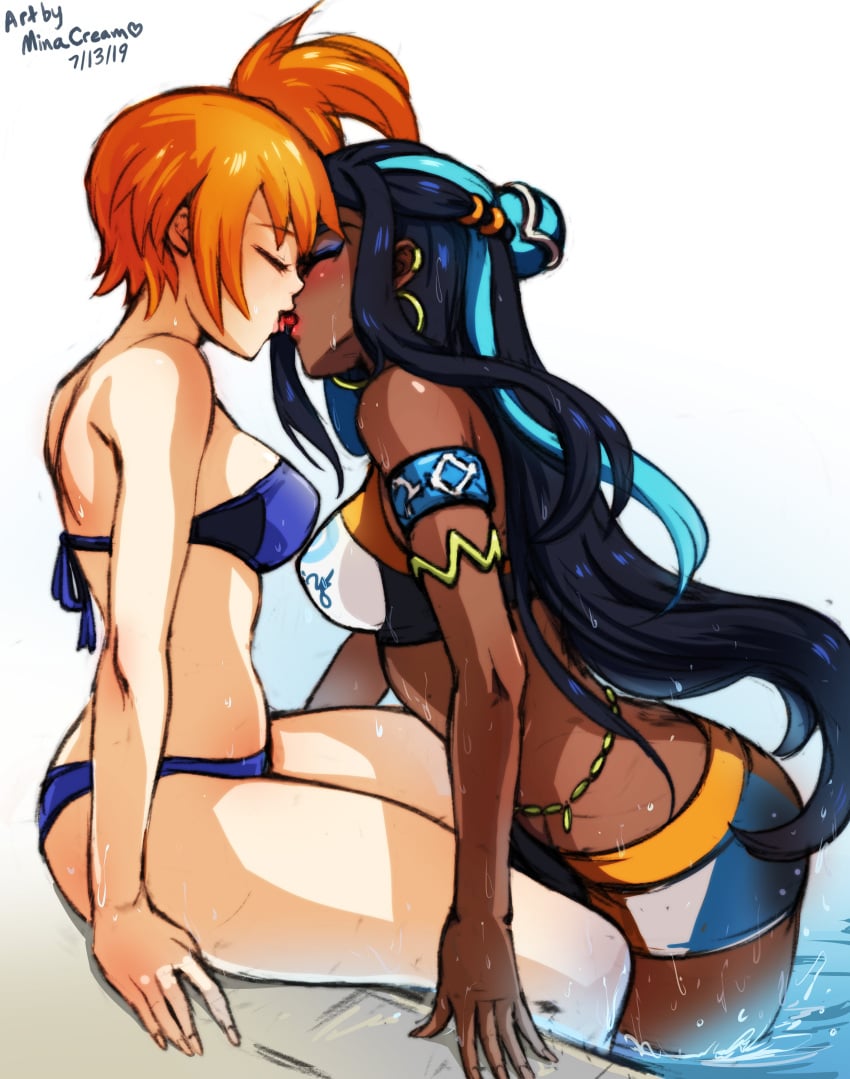 2girls :p arm_support artist_name asymmetrical_hair asymmetrical_hairstyle bare_shoulders belly_chain bent_knees bikini bikini_top blue_bikini blue_bikini_top blue_hair blush chocolate_and_vanilla closed_eyes dark-skinned_female dark_blue_hair dark_skin duo earrings english english_text female female_only french_kiss game_freak gym_leader highlights hoop_earrings in_water interracial interracial_yuri jewelry kasumi_(pokemon) kissing long_hair minacream misty_(pokemon) multicolored_hair multiple_girls nessa_(pokemon) nintendo orange_hair partially_submerged piercing pokemon pokemon_(game) pokemon_rgby pokemon_ss ponytail pool short_hair side_ponytail simple_background sitting sports_bikini swimsuit text tied_hair tongue trait_connection two-tone_hair very_long_hair wading water wet yuri