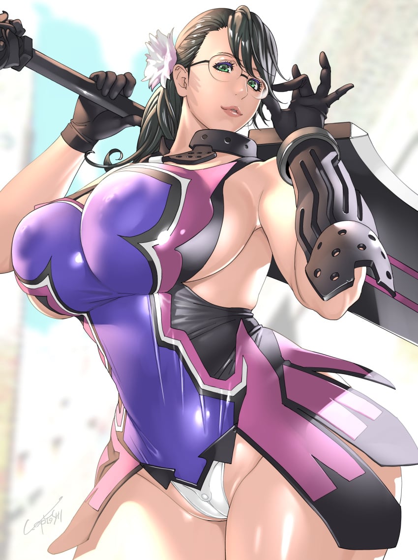 1girls alternate_version_available apron armwear big_breasts big_sword black_hair bottomwear breasts cameltoe cattleya erect_nipples female female_only flower flower_in_hair glasses green_eyes hair hair_ornament hips holding_weapon huge_breasts kotoyoshi_yumisuke large_breasts lips mature mature_female mature_woman milf mother nipples nipples_visible_through_clothing panties plump ponytail queen's_blade solo solo_female thick_thighs thighs topwear voluptuous weapon white_panties