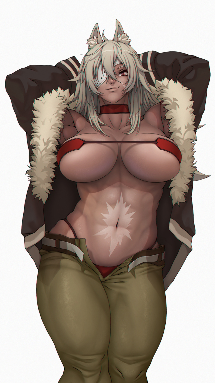 1girls abs animal_ears arms_behind_head arms_up bra breasts choker eye_patch female female_only ghislaine_dedoldia jacket k19 large_breasts looking_at_viewer muscular muscular_female mushoku_tensei panties red_bra red_eyes red_panties red_thong scar solo standing thong unbuttoned unbuttoned_pants white_hair