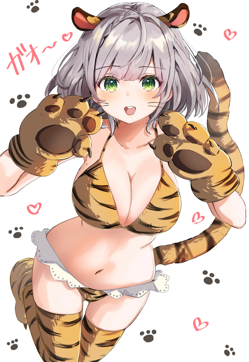 1girls 2022 amefukura_art animal_ears animal_paws animal_tail belly big_breasts bikini bikini_bottom bikini_top breasts cleavage eyebrows_visible_through_hair female female_focus female_only green_eyes grey_hair hololive hololive_fantasy hololive_japan legwear navel shirogane_noel solo solo_female tiger_ears tiger_paws tiger_print tiger_print_bikini tiger_print_legwear tiger_tail virtual_youtuber